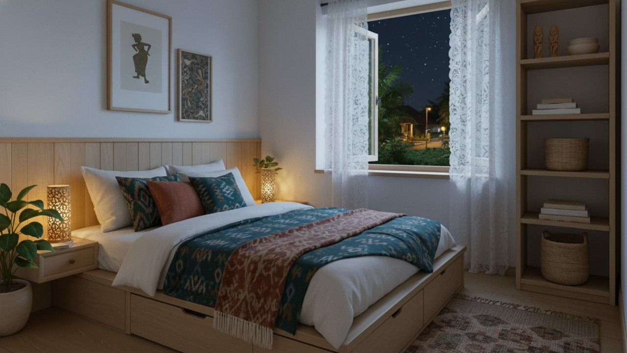 Interior kamar tidur minimalis dengan cat dinding biru, nakas praktis di samping tempat tidur, dan lampu dinding yang elegan menciptakan suasana cozy dan lapang.