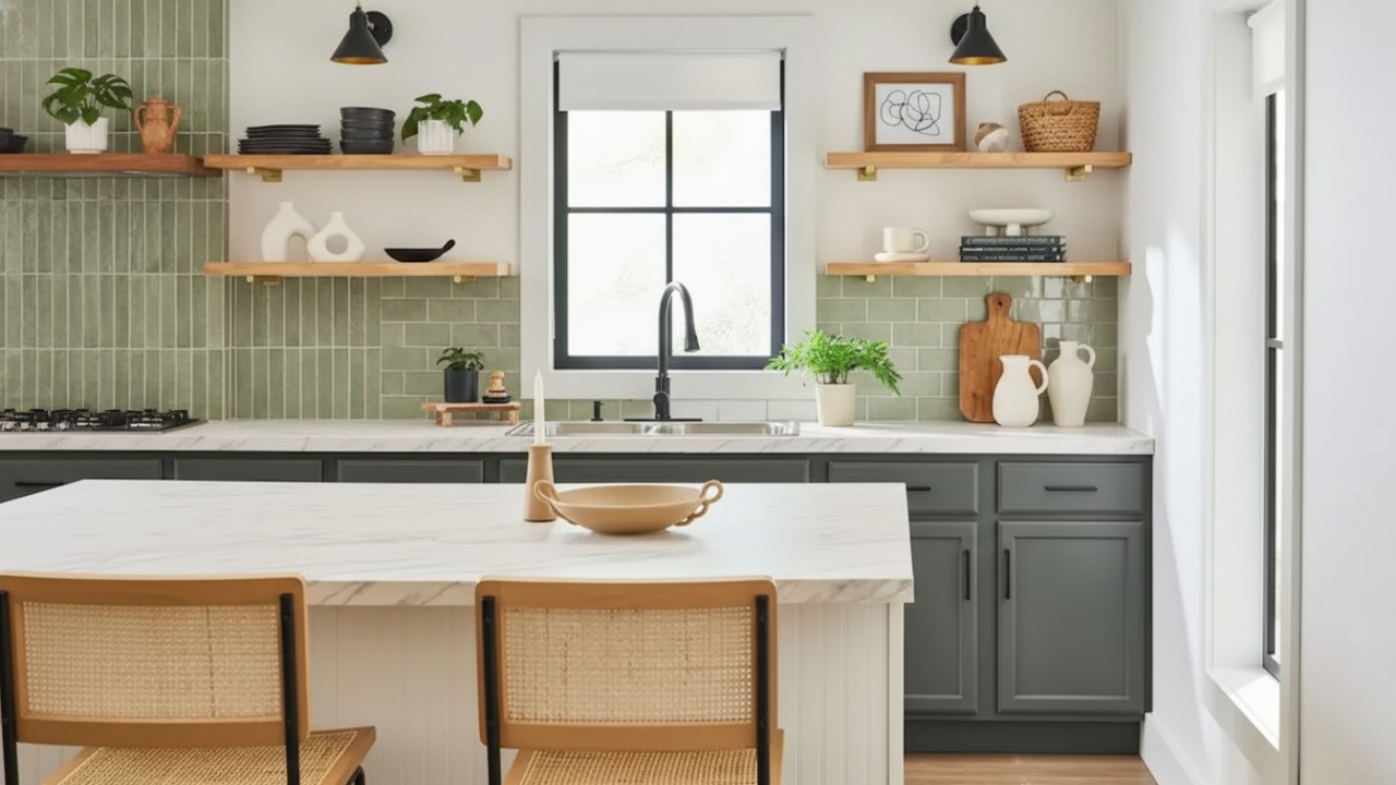 Dapur minimalis dengan aksen logam monokrom, desain bersih dengan sentuhan kayu dan pencahayaan alami yang mempercantik ruang.