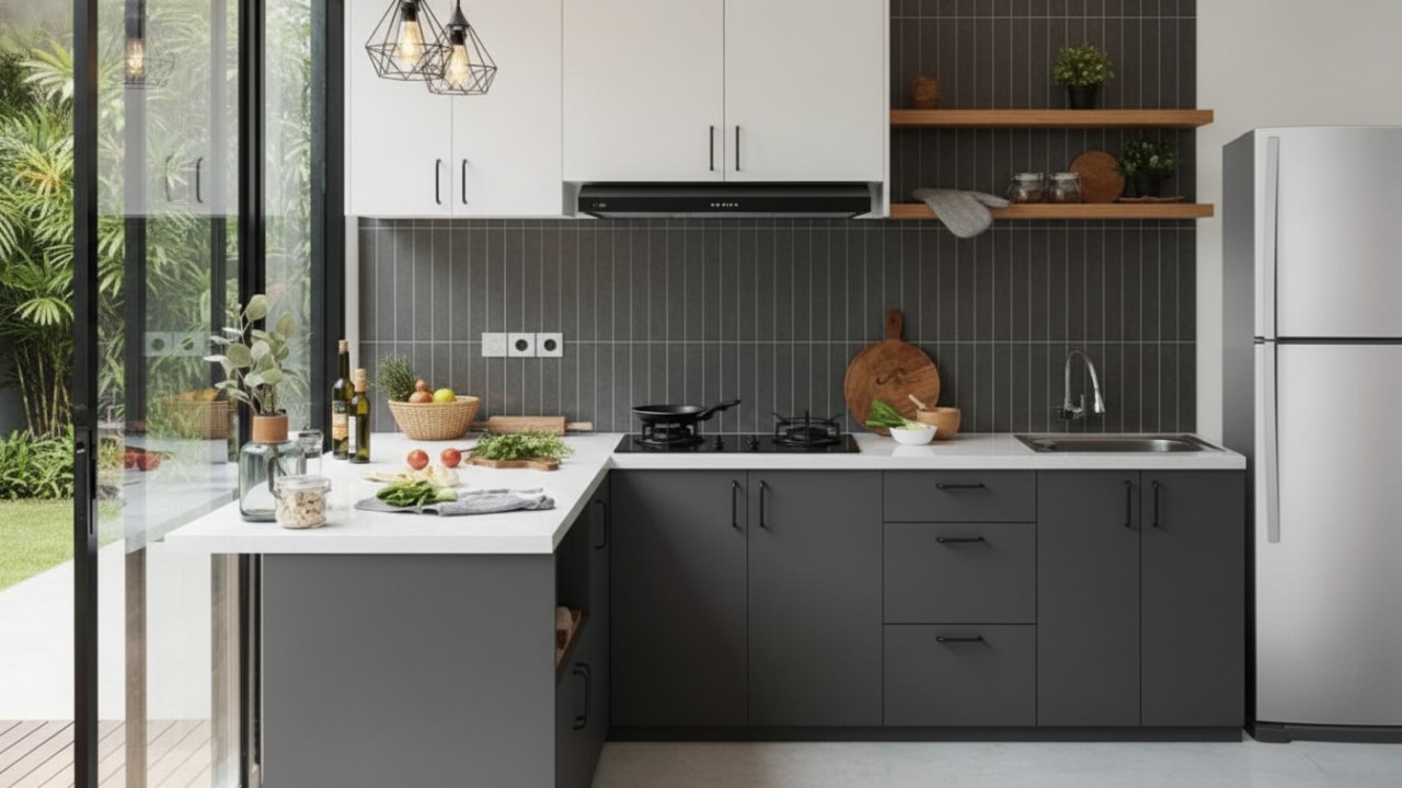 Dapur minimalis dengan aksen logam monokrom, desain bersih dengan sentuhan kayu dan pencahayaan alami yang mempercantik ruang.