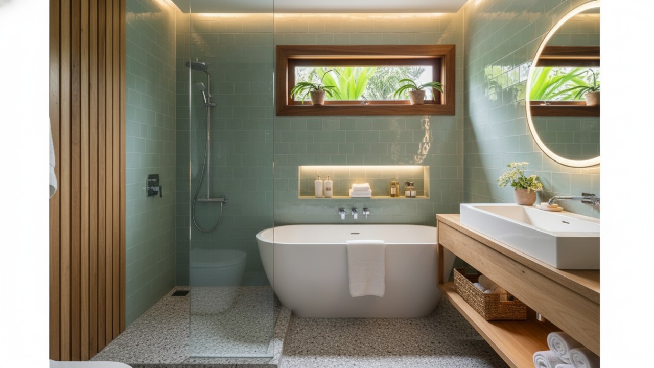 Desain kamar mandi minimalis dengan sentuhan putih, sekat kaca, dan rak dinding yang fungsional.