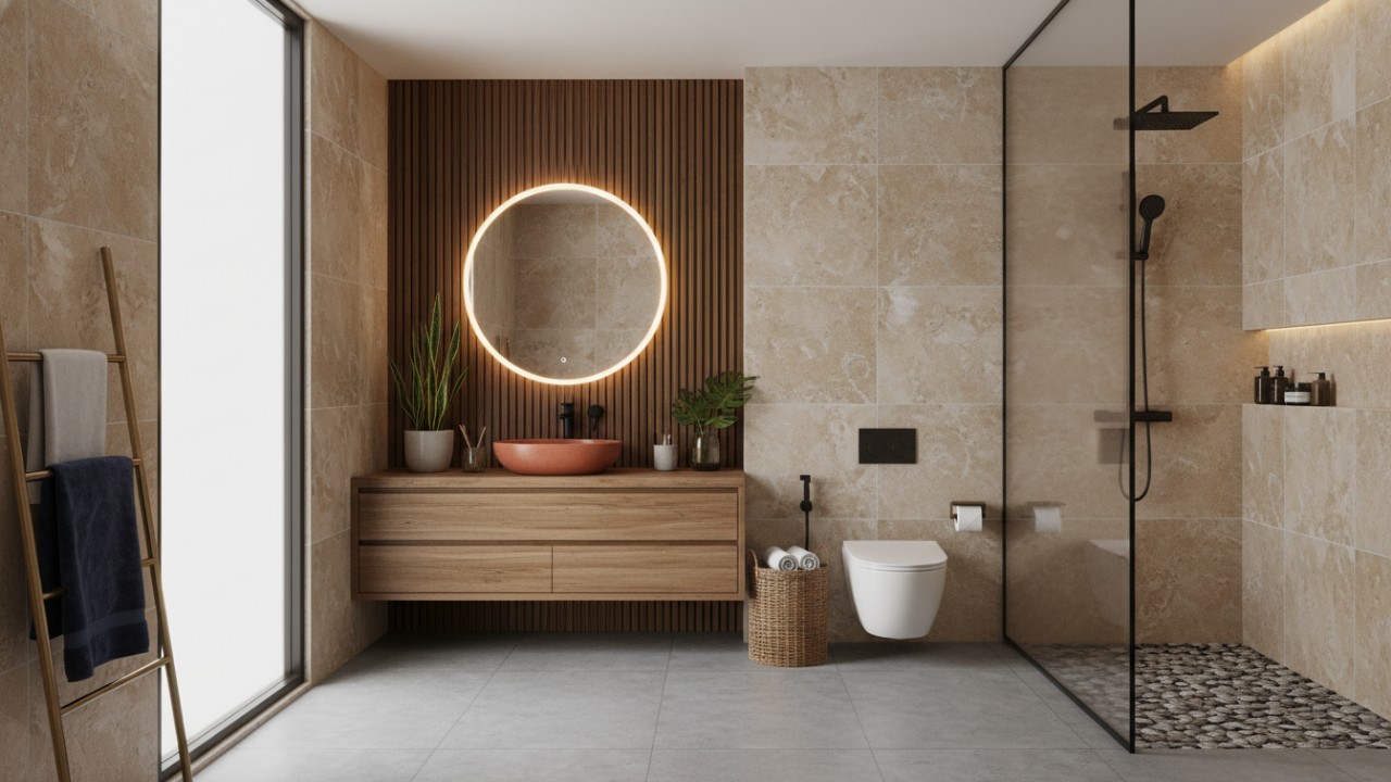 Desain kamar mandi minimalis dengan  sekat kaca, dan rak meja yang fungsional.