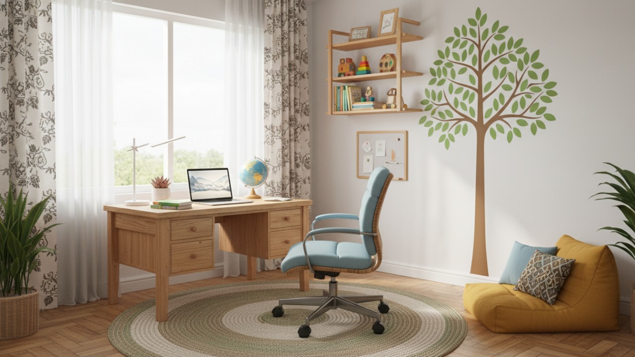 Ruang belajar anak minimalis dengan meja ergonomis dan warna netral yang mendukung fokus belajar.