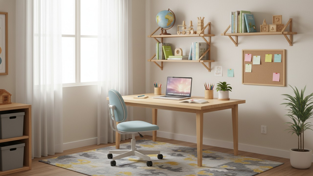 Ruang belajar anak minimalis dengan meja ergonomis dan warna netral yang mendukung fokus belajar.