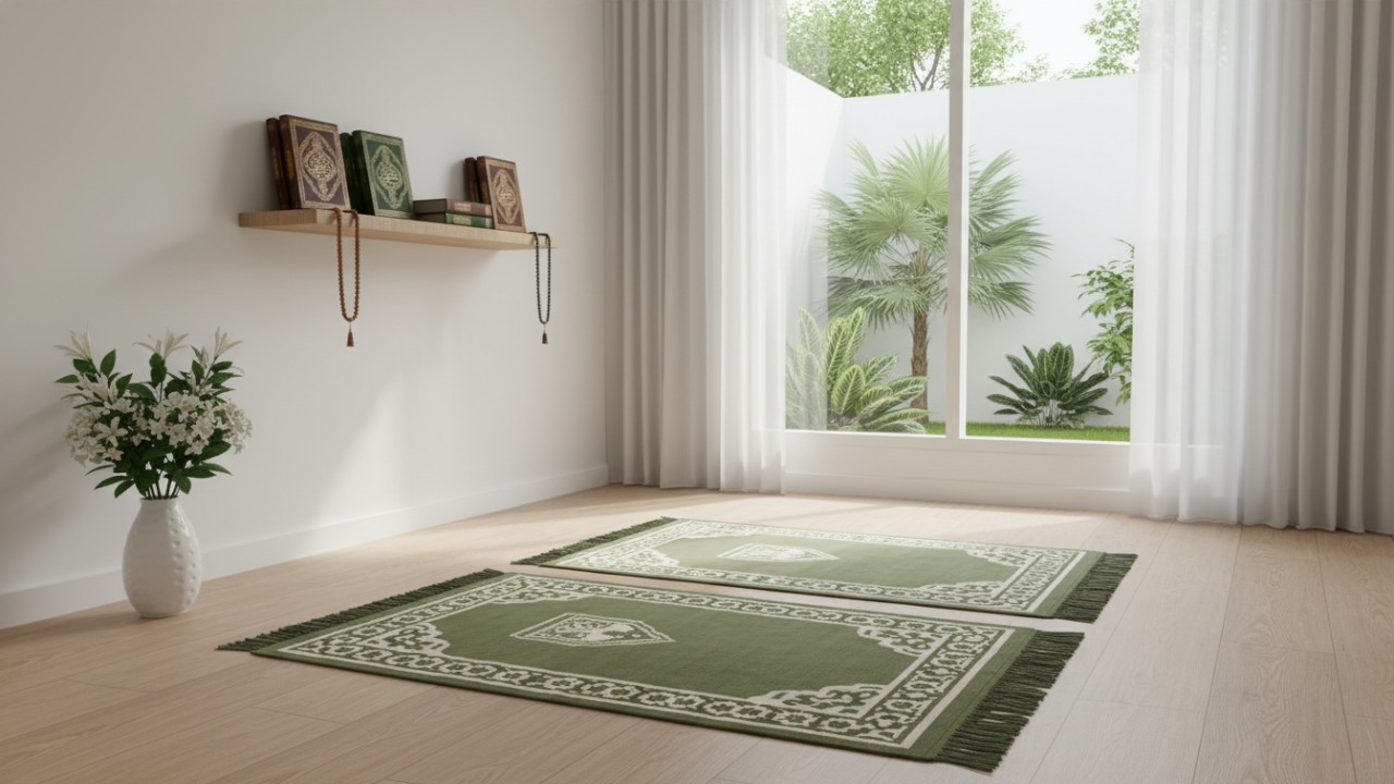 Ruang sholat minimalis bernuansa netral dengan pencahayaan lembut yang mendukung kekhusyukan ibadah.