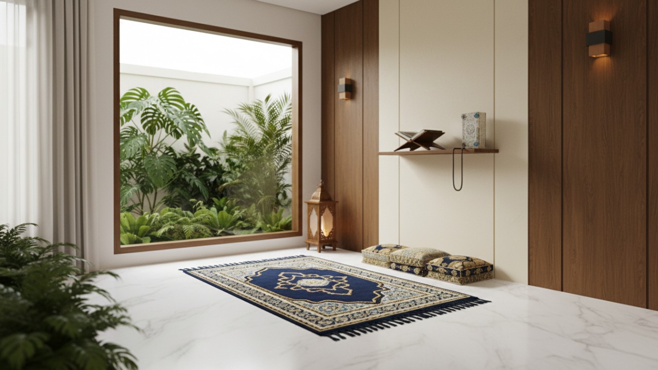 Ruang sholat minimalis bernuansa netral dengan pencahayaan lembut yang mendukung kekhusyukan ibadah.