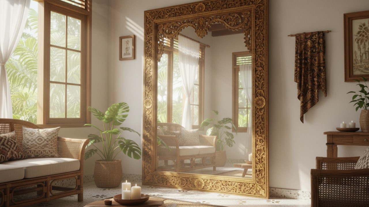 Cermin besar dengan frame unik memberikan sentuhan estetik pada ruang tamu, memantulkan cahaya dan menciptakan kesan ruang yang lebih terang dan luas.