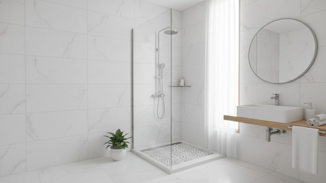 Kamar mandi dengan ruangan warna putih