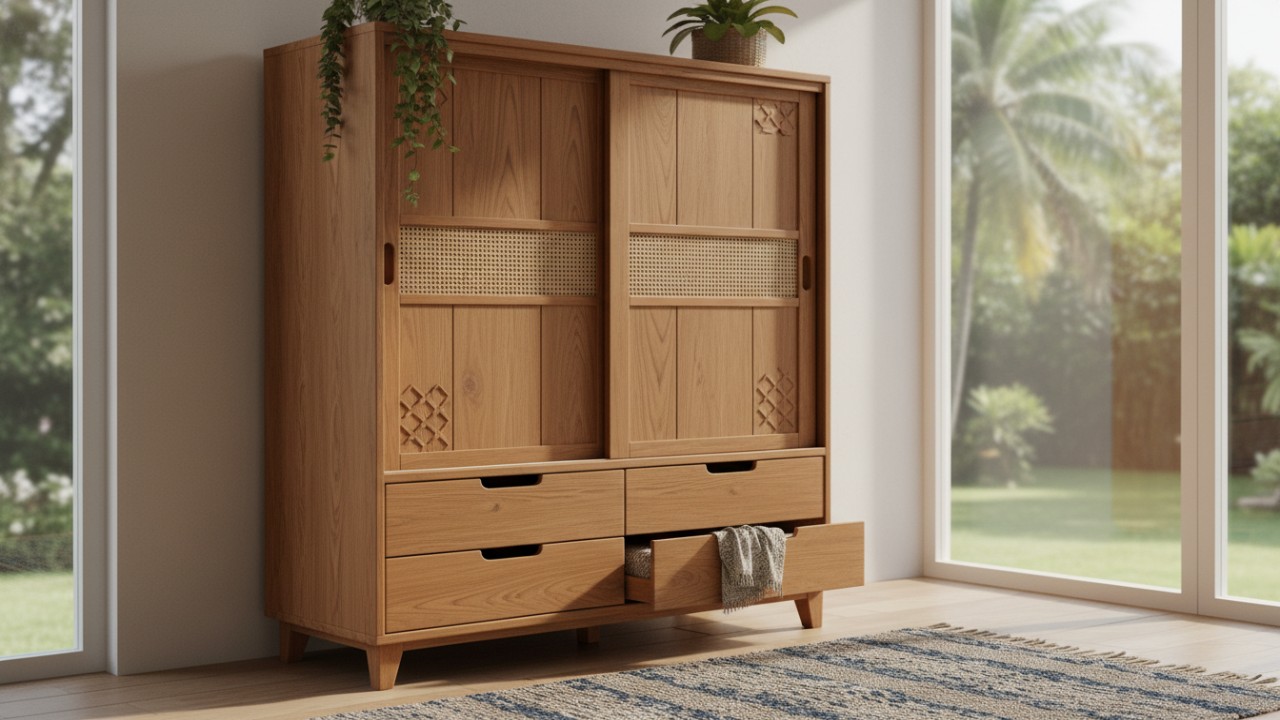 Deretan lemari pakaian minimalis dengan desain modern yang membuat kamar terlihat rapi dan lapang.