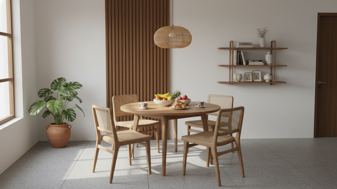 Ruang makan minimalis dengan furnitur ramping dan pencahayaan hangat yang memberi kesan nyaman dan lapang.