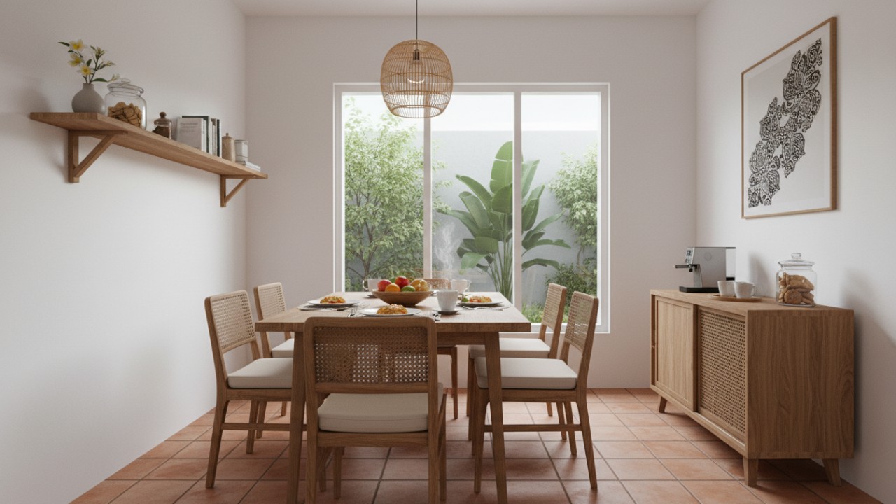 Ruang makan minimalis dengan furnitur ramping dan pencahayaan hangat yang memberi kesan nyaman dan lapang.