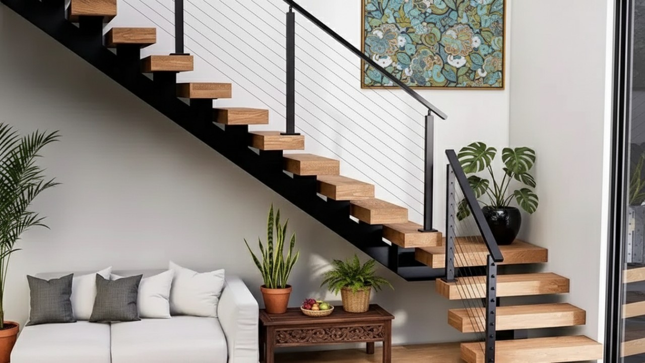 Desain tangga minimalis dengan rak penyimpanan yang menghemat ruang, cocok untuk rumah kecil agar lebih rapi dan fungsional.