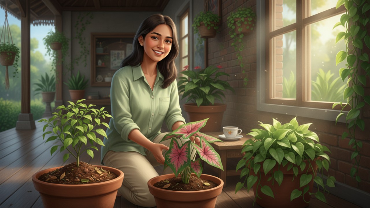 Ilustrasi tanaman hias indoor dengan media tanam sesuai dan pencahayaan alami yang mendukung pertumbuhan.
