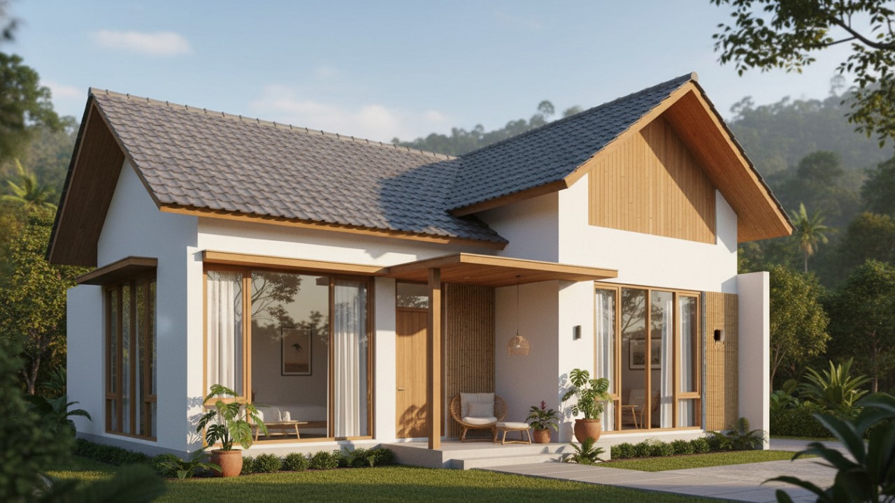 Tampilan rumah minimalis modern dengan nuansa putih, aksen kayu, dan desain geometris yang rapi dan bersih.