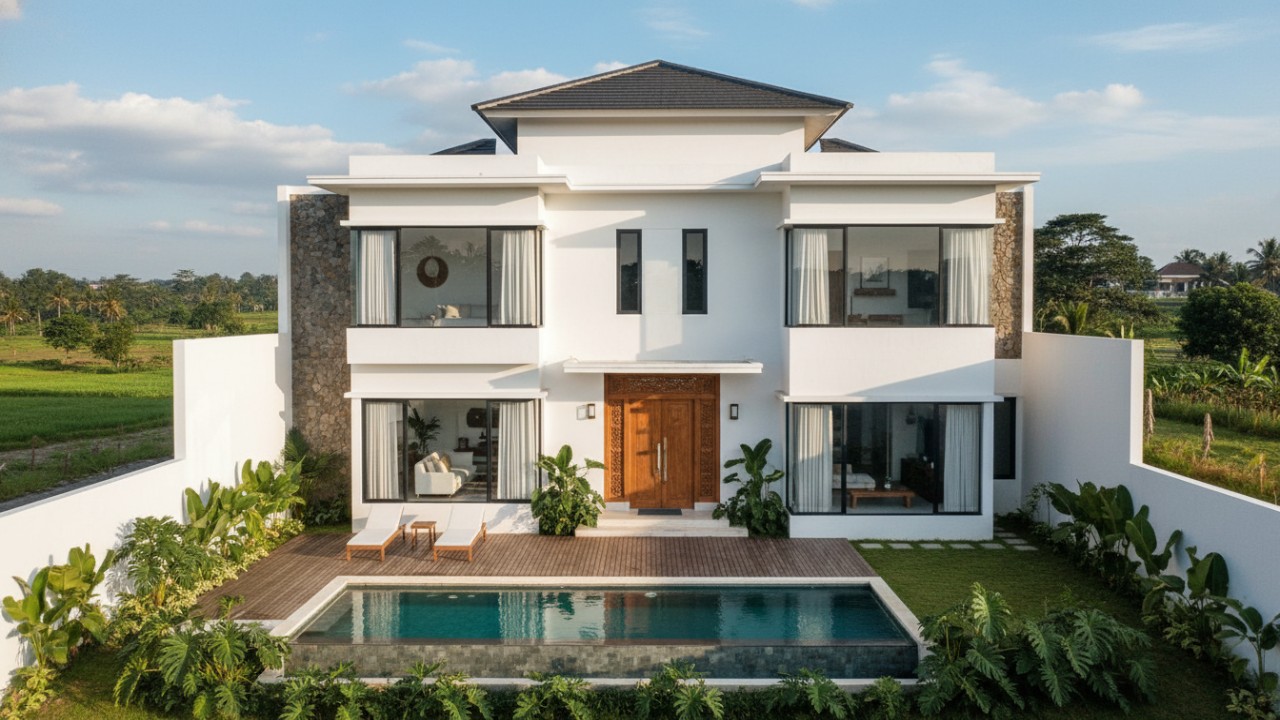 Tampilan rumah minimalis modern dengan nuansa putih, aksen kayu, dan desain geometris yang rapi dan bersih.