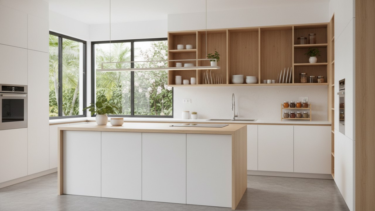 Ilustrasi dapur minimalis modern dengan kitchen set sederhana, penyimpanan vertikal, dan zona bumbu rapi yang nyaman dipakai.