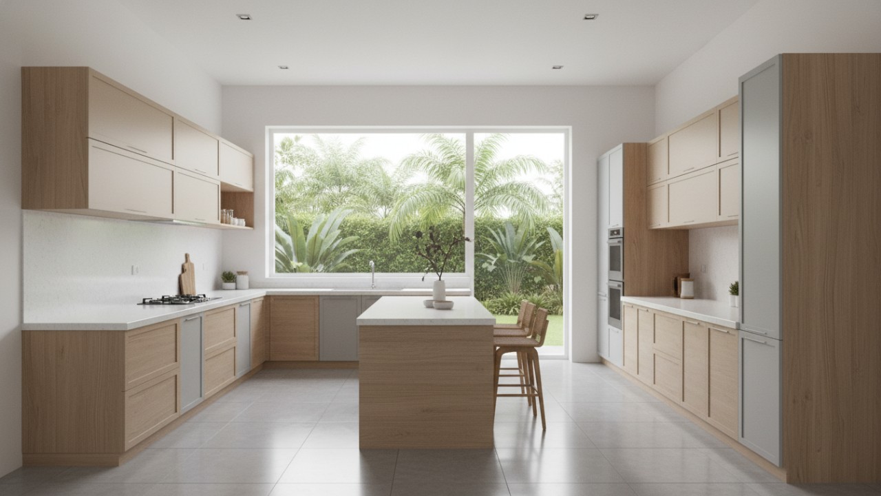 Ilustrasi dapur minimalis modern dengan kitchen set sederhana, penyimpanan vertikal, dan zona bumbu rapi yang nyaman dipakai.