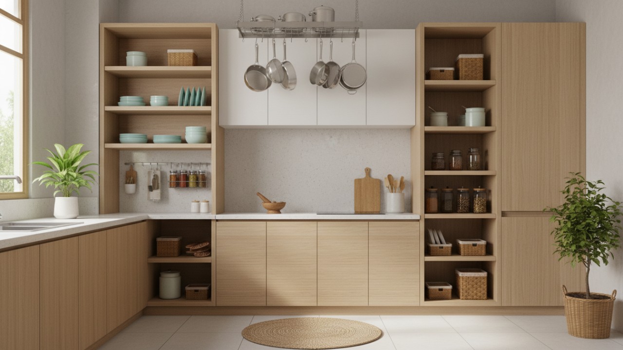 Ilustrasi dapur minimalis modern dengan kitchen set sederhana, penyimpanan vertikal, dan zona bumbu rapi yang nyaman dipakai.