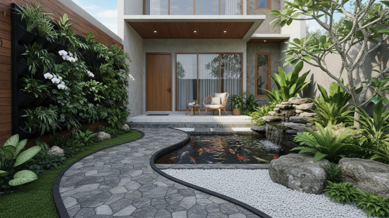 Pathway batu alam dan taman kering minimalis memberi kesan rapi dan modern sejak pandangan pertama.