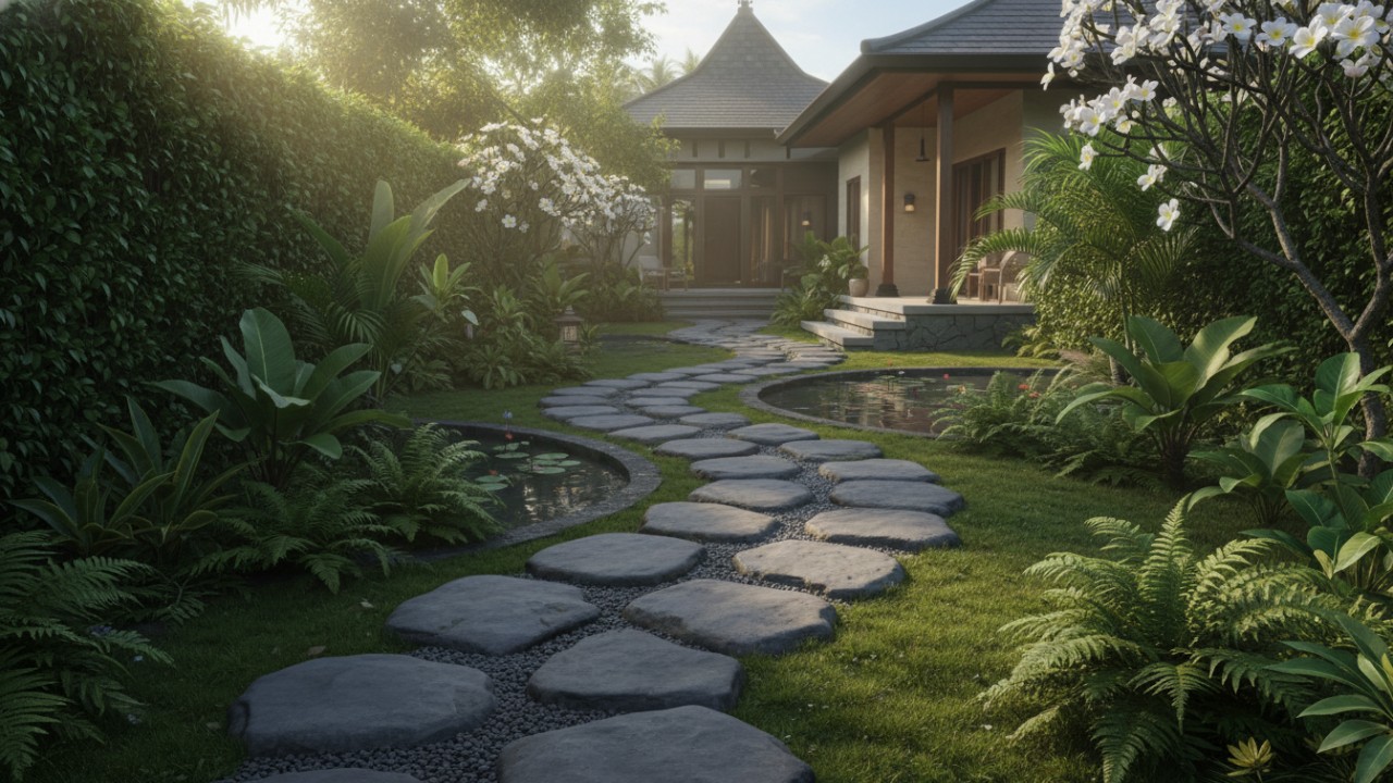 Pathway batu alam dan taman kering minimalis memberi kesan rapi dan modern sejak pandangan pertama.