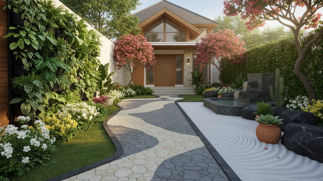 Pathway batu alam dan taman kering minimalis memberi kesan rapi dan modern sejak pandangan pertama.