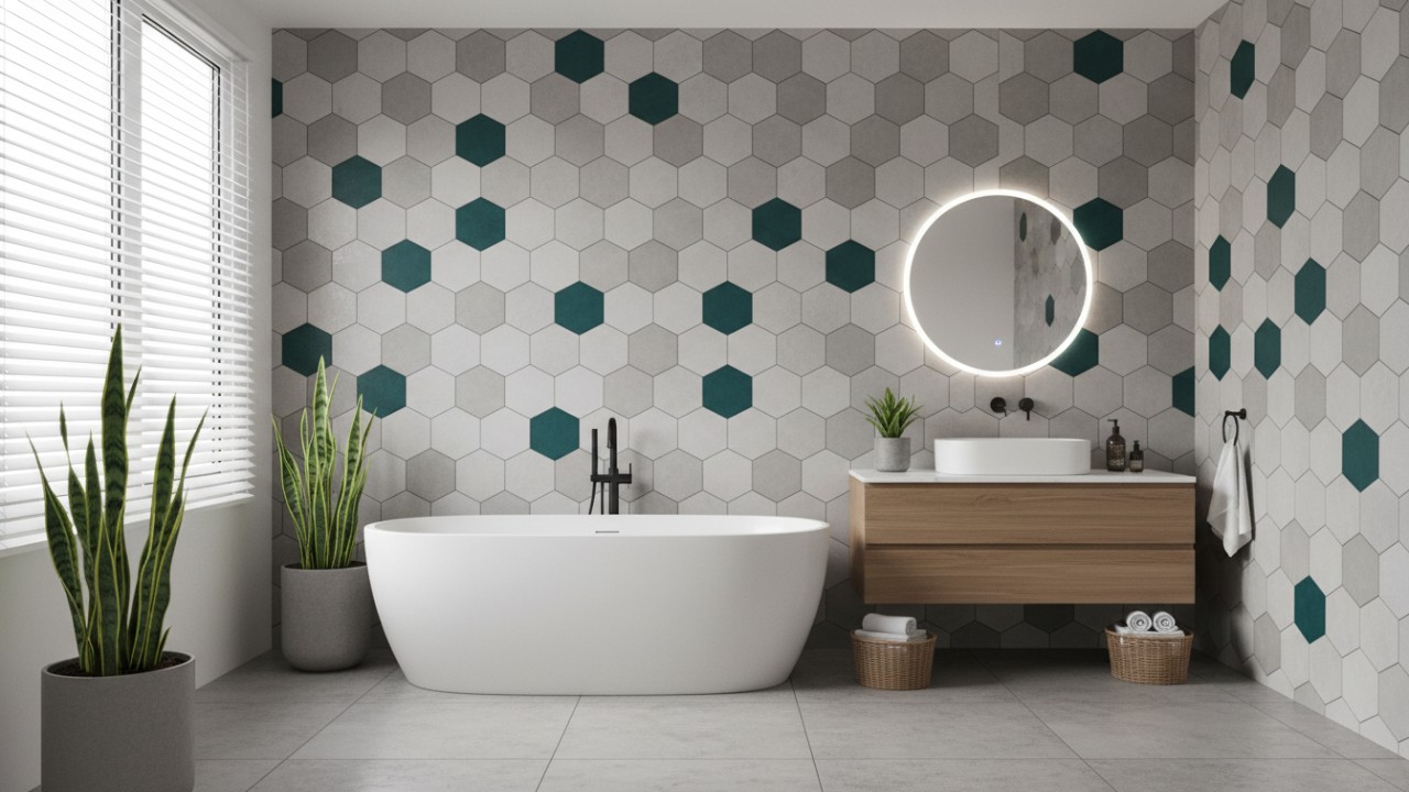 Tampilan kamar mandi minimalis dengan corak hexagon, bathtub, dan granit terrazo yang menonjolkan kesan modern dan nyaman.