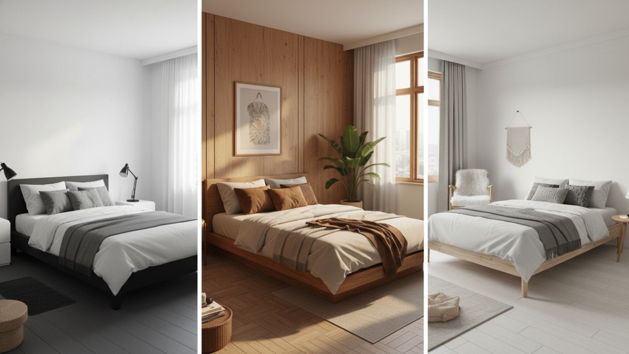 Ilustrasi desain kamar minimalis dengan konsep monokrom, kayu hangat, dan gaya Skandinavia yang bersih serta nyaman.