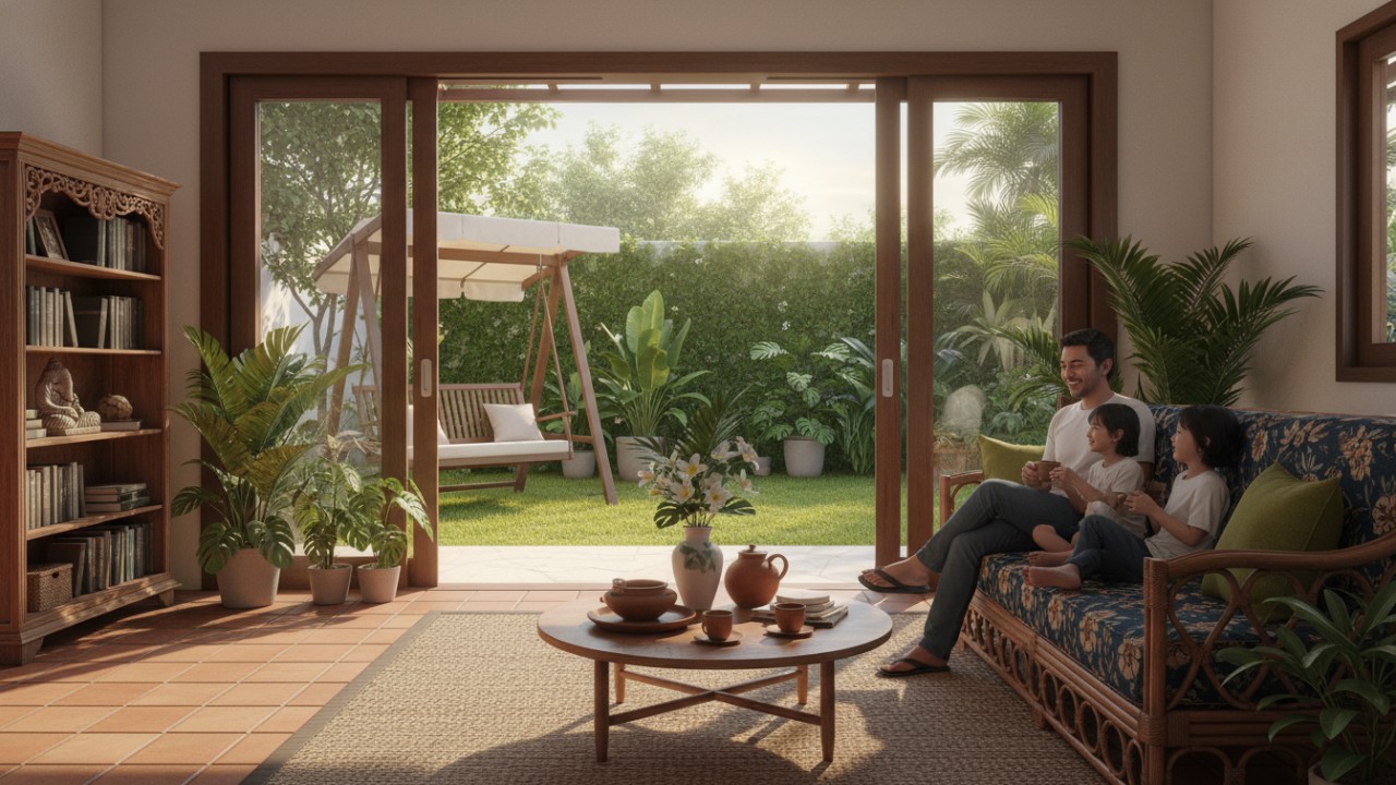 Ilustrasi ruang santai indoor dan outdoor dengan konsep minimalis, nyaman, dan fungsional untuk keluarga.