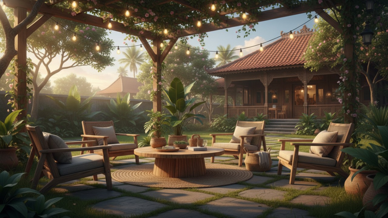 Ilustrasi ruang santai indoor dan outdoor dengan konsep minimalis, nyaman, dan fungsional untuk keluarga.