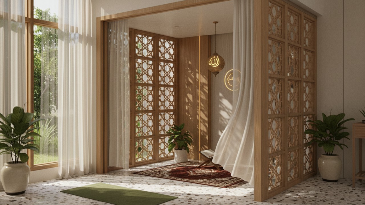Tampilan sekat mushola minimalis dengan material kayu, tirai, dan gypsum yang menyatu dengan interior rumah modern.