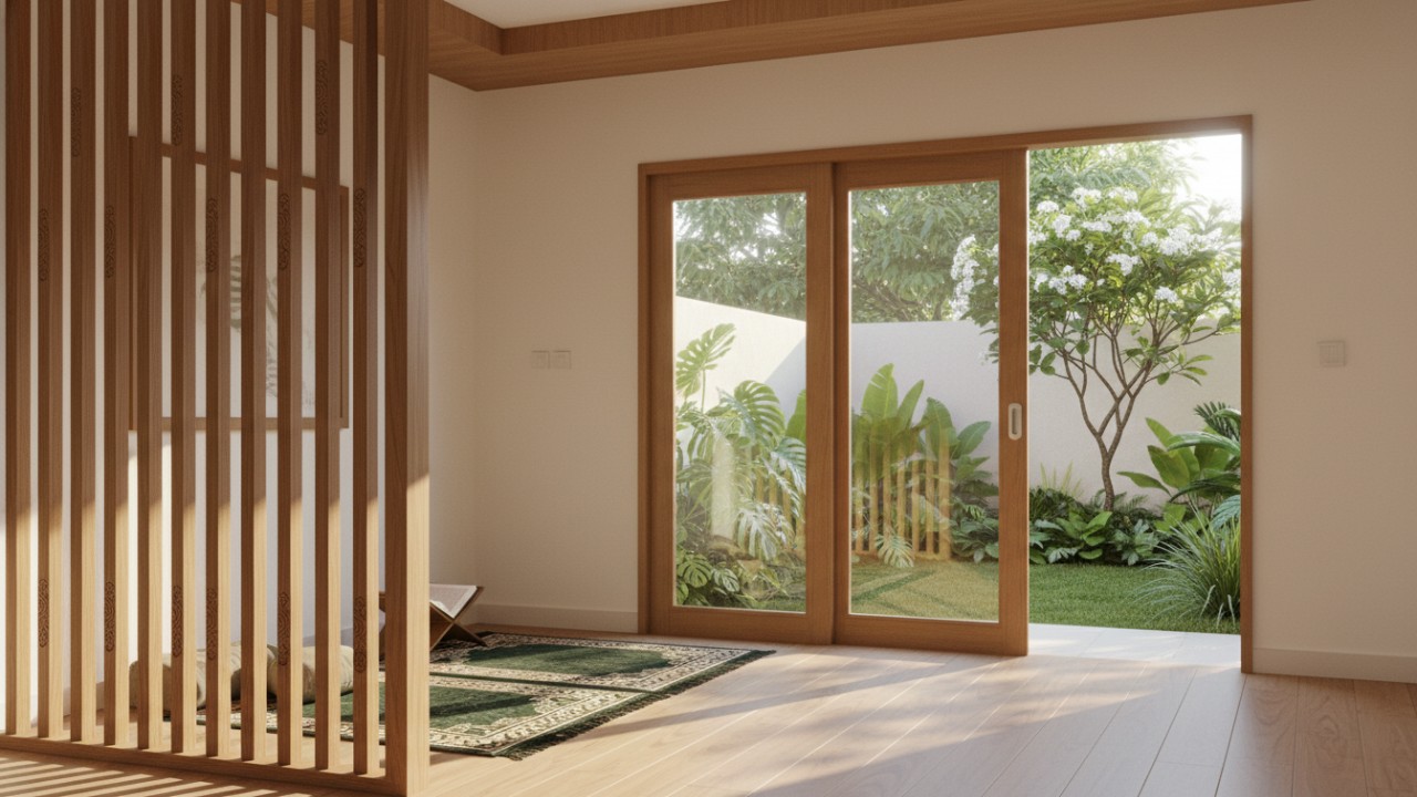 Tampilan sekat mushola minimalis dengan material kayu, tirai, dan gypsum yang menyatu dengan interior rumah modern.