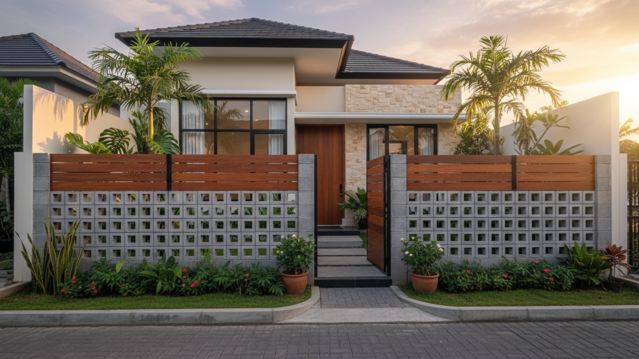 Pagar rumah minimalis dengan roster beton yang memberikan kesan bersih dan elegan. Pilihan ideal untuk rumah minimalis kamu, Cess!