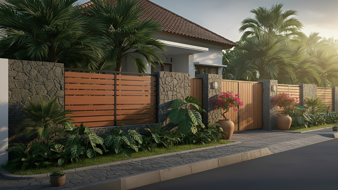 Pagar rumah tropis dengan kombinasi batu alam dan kayu yang menyatu dengan taman hijau, tampil hangat dan elegan.