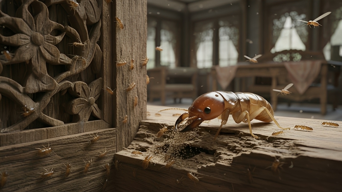 Ilustrasi rayap menyerang furnitur kayu di rumah.