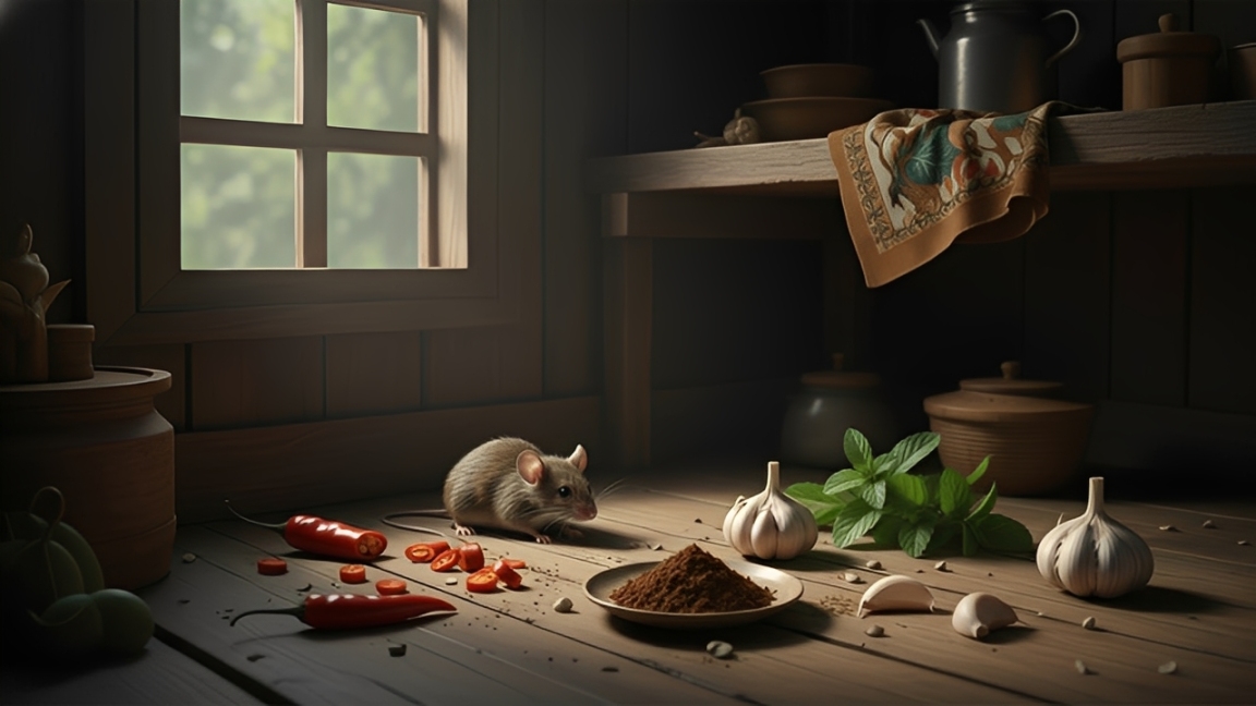 Ilustrasi tikus di sudut rumah dengan bahan dapur alami sebagai solusi pengusir tikus.
