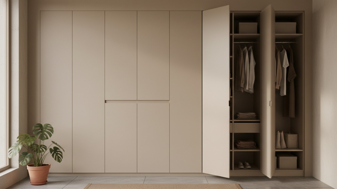 Lemari baju di rumah minimalis built-in dengan finishing matte yang menyatu dengan dinding.