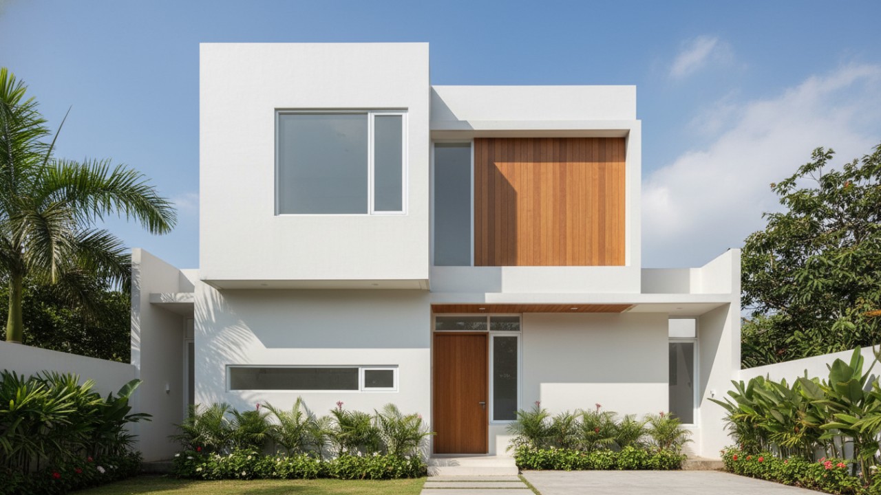 Tampilan rumah minimalis modern dengan nuansa putih, aksen kayu, dan desain geometris yang rapi dan bersih.
