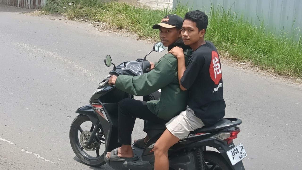 Pelaku pertama terlihat siaga di atas sepeda motor menunggu situasi aman.
