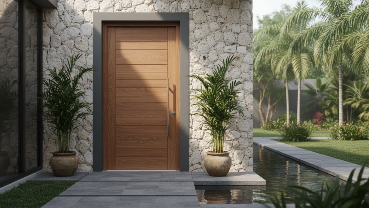 Pintu Kayu dipadukan dengan material dinding batu, berkesan alami dan kokoh