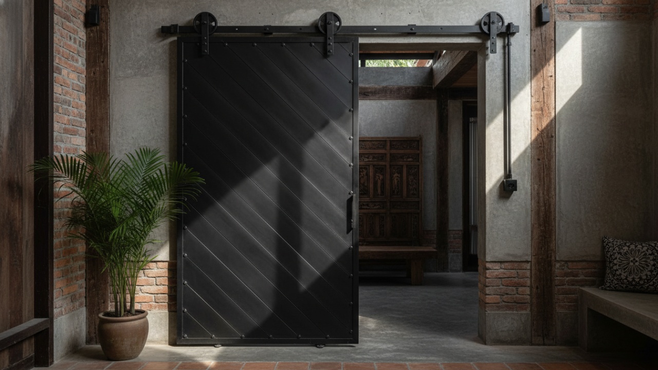 Pintu geser minimalis dengan sentuhan industrial berkesan unik dengan roda geser diatas
