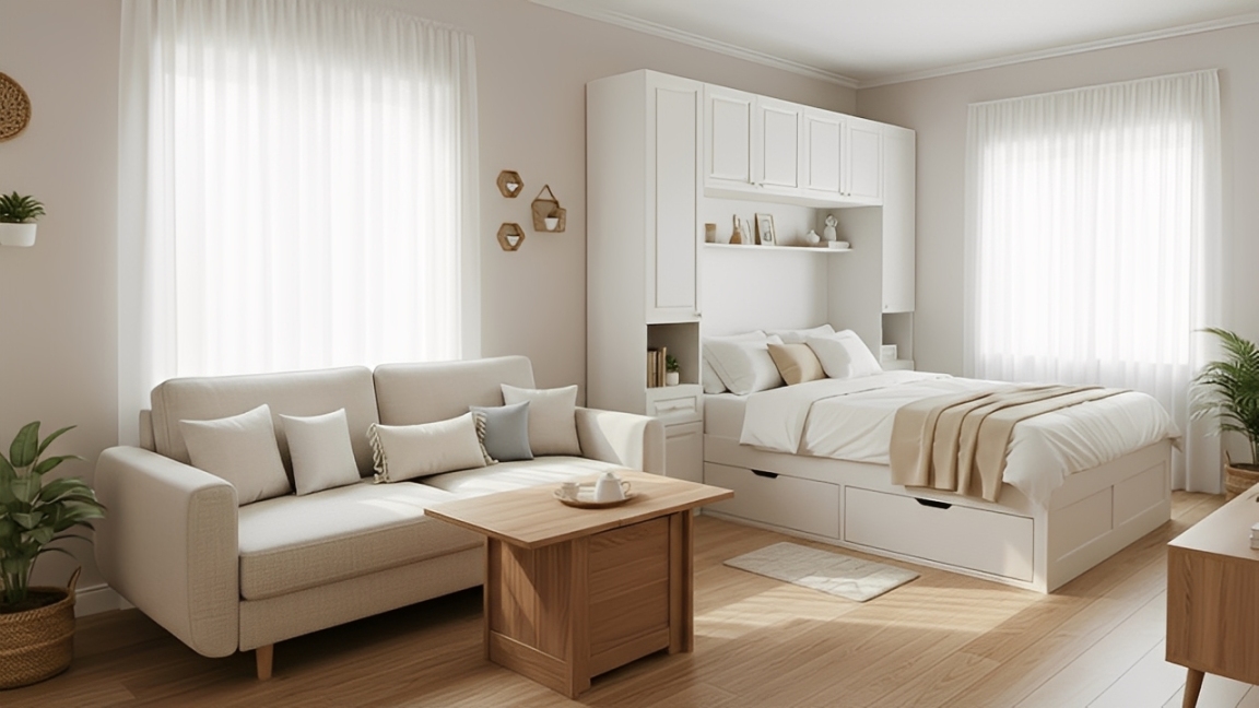 Desain rumah minimalis 2026 konsep furnitur multifungsi.