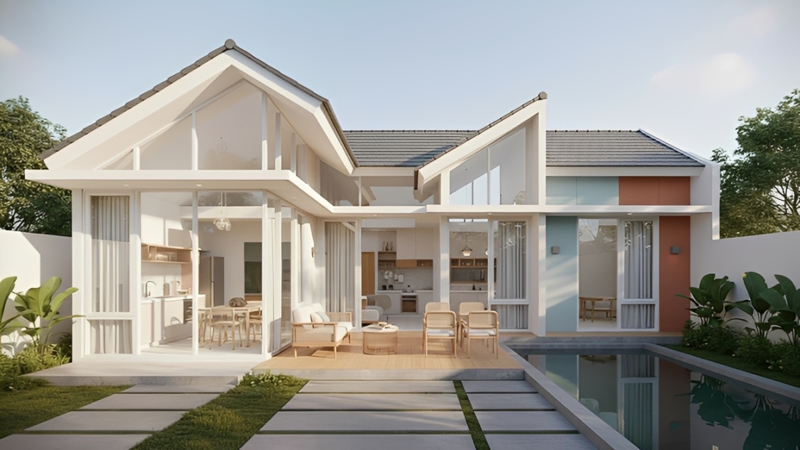 Rumah minimalis 2026 dengan konsep open space, warna cerah, dan pencahayaan alami yang membuat hunian kecil terasa lega.