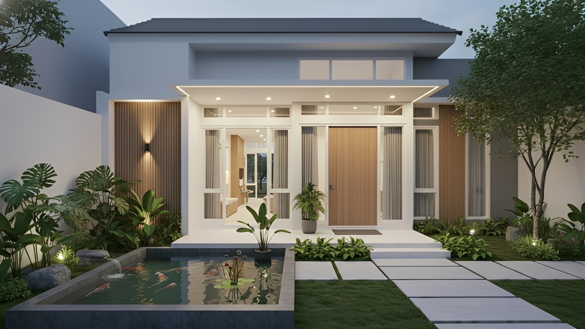 Desain rumah minimalis ramah lansia 2026 satu lantai dengan akses tanpa tangga, pencahayaan alami, serta taman dan kolam dangkal yang nyaman dan aman.