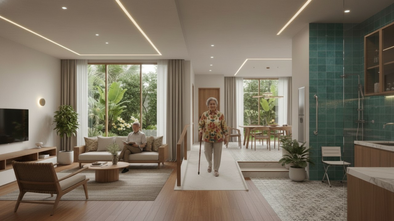 Interior rumah ramah lansia dengan denah tanpa anak tangga, lantai aman, dan pencahayaan optimal, mendukung mobilitas mandiri sekaligus menghadirkan kenyamanan dalam desain modern.