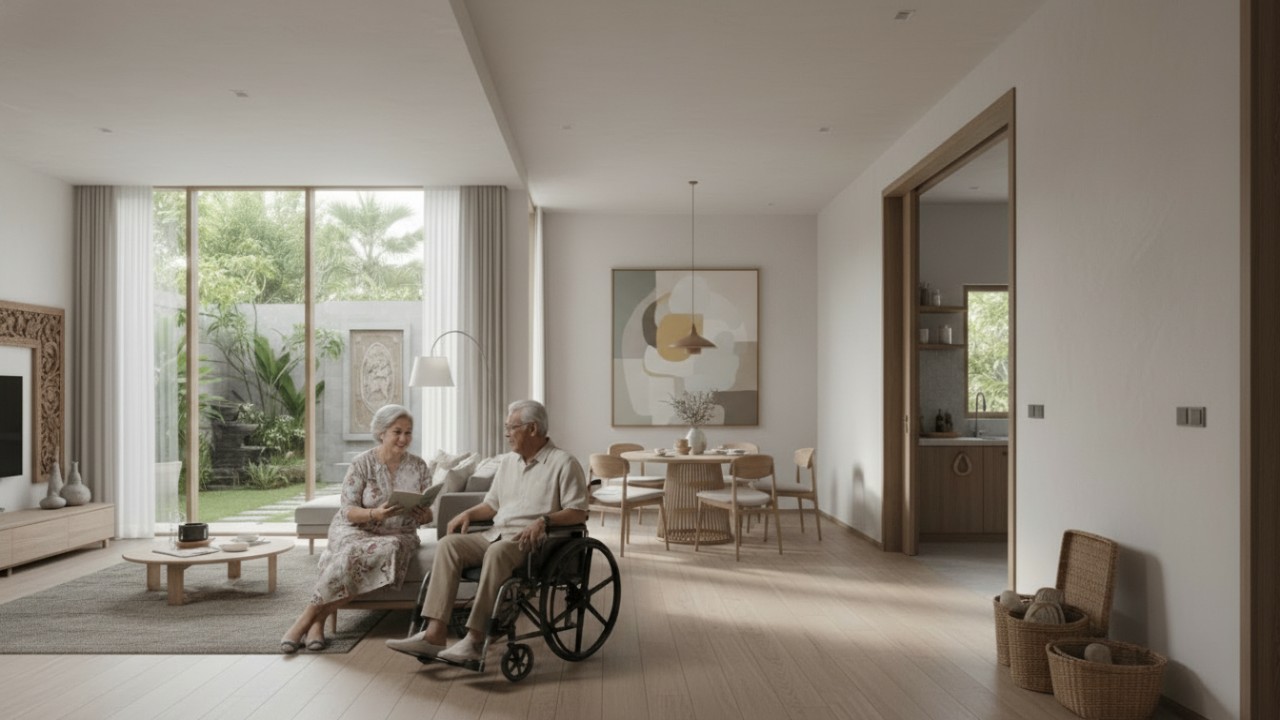 Hunian universal design ramah lansia dengan ruang terbuka minimalis, sirkulasi luas untuk kursi roda, serta warna netral dan cahaya alami yang menghadirkan kesan modern, tenang, dan inklusif.