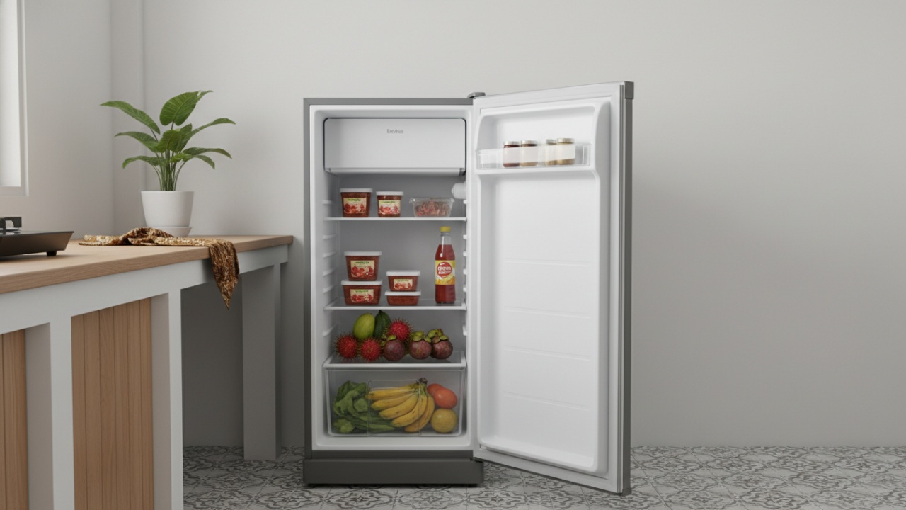 Kulkas 1 pintu berdesain minimalis yang cocok untuk dapur hunian kecil dan praktis.