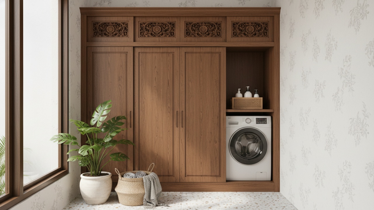 Desain tempat cuci baju kecil tersembunyi dalam kabinet