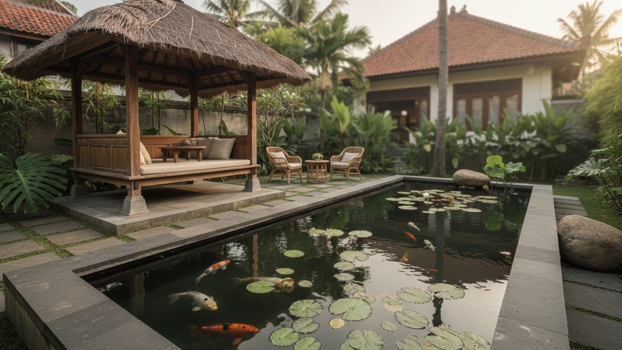 Kolam ikan minimalis dilengkapi dengan gazebo kayu tempat santai
