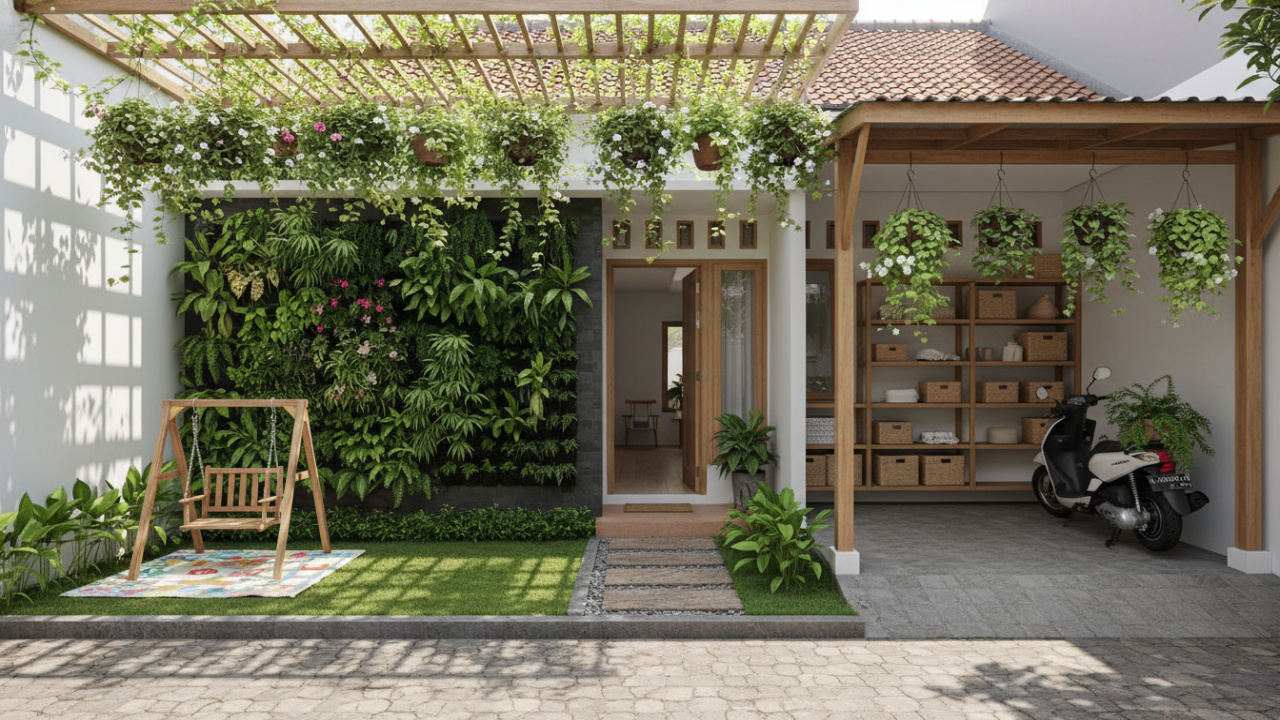 Halaman Minimalis dengan tanaman vertikal dan tanaman gantung membutuhkan air dan drainase yang optimal