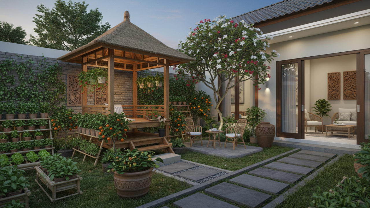 Tampilan rumah kebun kecil dengan tanaman hijau tertata rapi, menghadirkan suasana tenang dan alami.