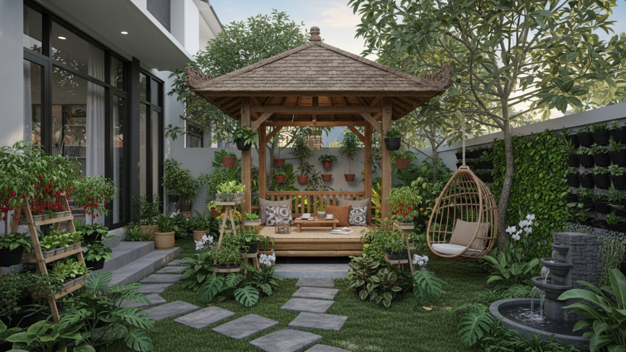 Kebun rumah di halaman rumah dengan gazebo, menjadi ruang santai keluarga bahkan jadi tempat ngobrol tamu dengan santai